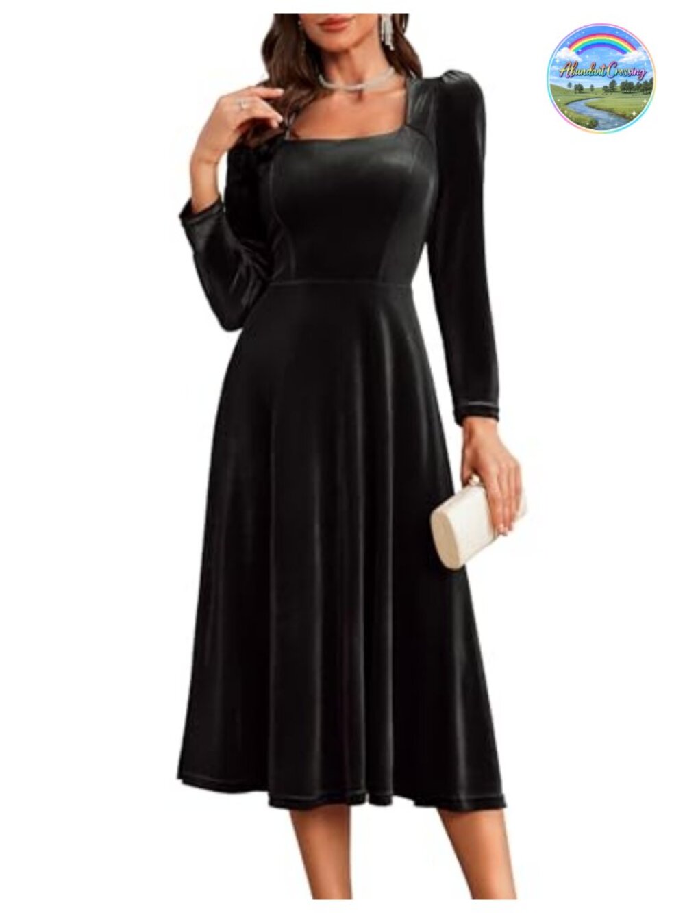 Velvet Midi Dress Long Sleeve Square Neck Formal Cocktail Party Evening Wedding
